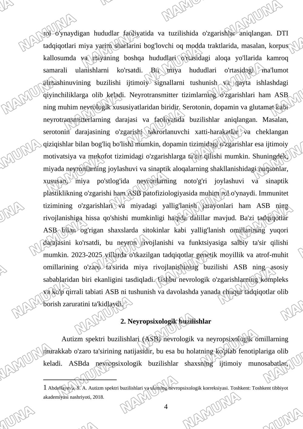 Autizm spektri buzilishlarida nevrologik va neyropsixologik omillarning oʻrni — mustaqil ish, 4-varaq