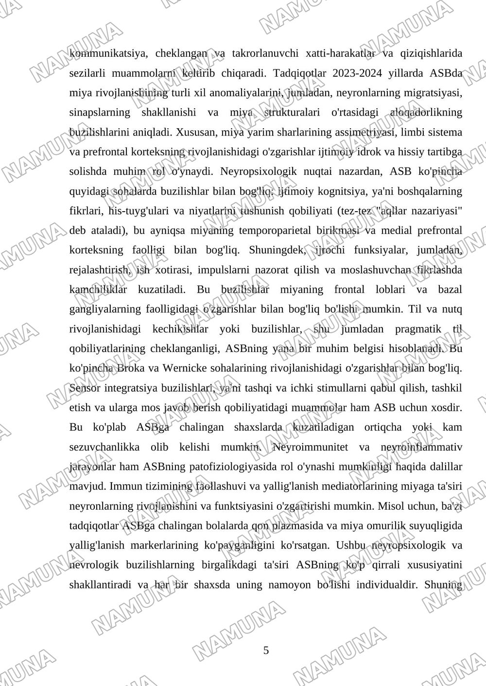 Autizm spektri buzilishlarida nevrologik va neyropsixologik omillarning oʻrni — mustaqil ish, 5-varaq