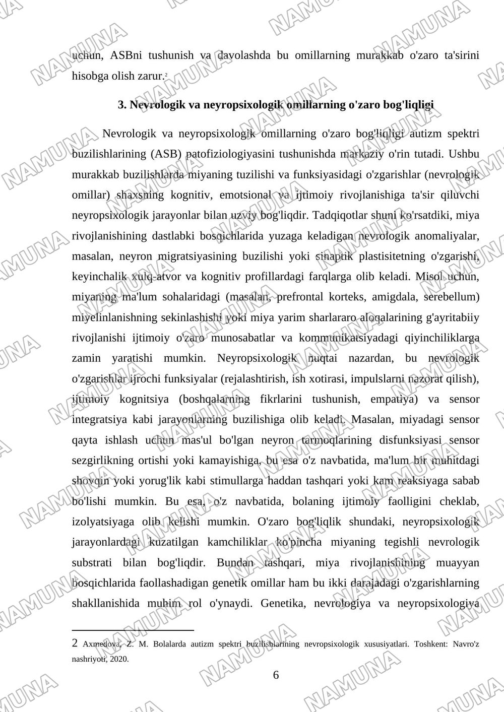 Autizm spektri buzilishlarida nevrologik va neyropsixologik omillarning oʻrni — mustaqil ish, 6-varaq