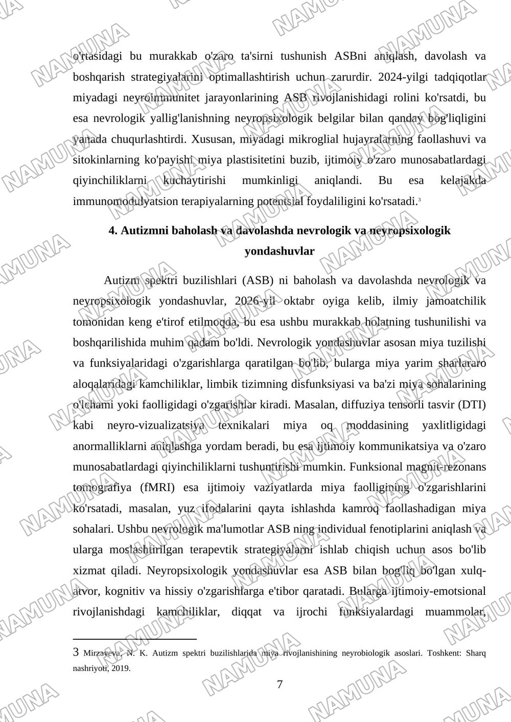 Autizm spektri buzilishlarida nevrologik va neyropsixologik omillarning oʻrni — mustaqil ish, 7-varaq