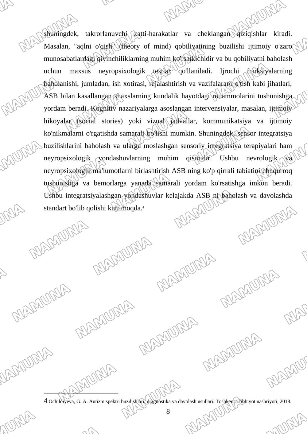Autizm spektri buzilishlarida nevrologik va neyropsixologik omillarning oʻrni — mustaqil ish, 8-varaq