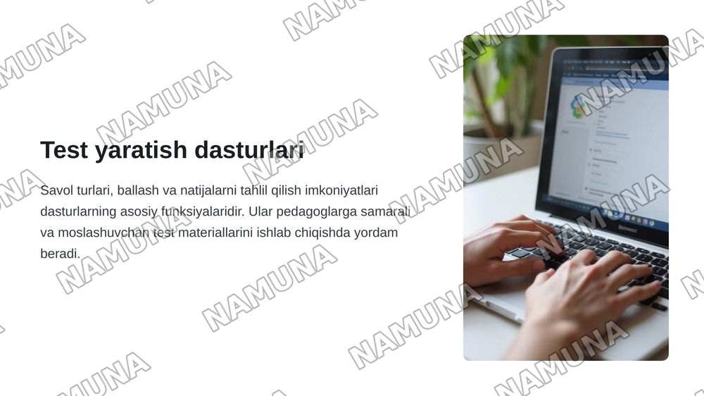 5-TEMA: TEST DÚZIW HÁM BILIMLERDI BAQLAW USHIN PROGRAMMALÍQ TÁMIYINAT
iSpring QuizMaker, MyTest, EasyQuizzy hám Kahoot járdeminde elektron test hám viktorinalar jaratıw — zamonaviy taqdimot, 6-slayd