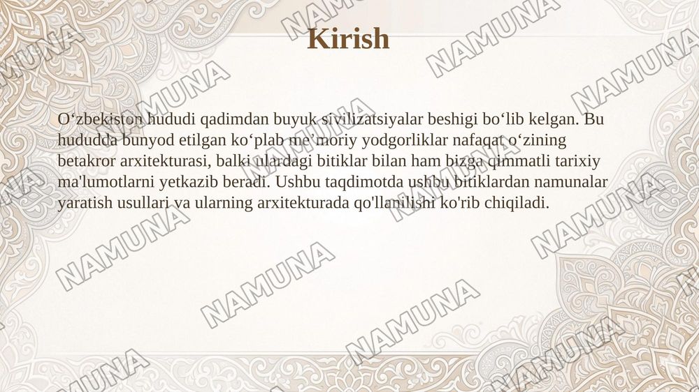 O‘zbekiston qadimiy me’moriy yodgorliklaridagi bitiklardan namuna bajarish usullari — taqdimot, 3-slayd