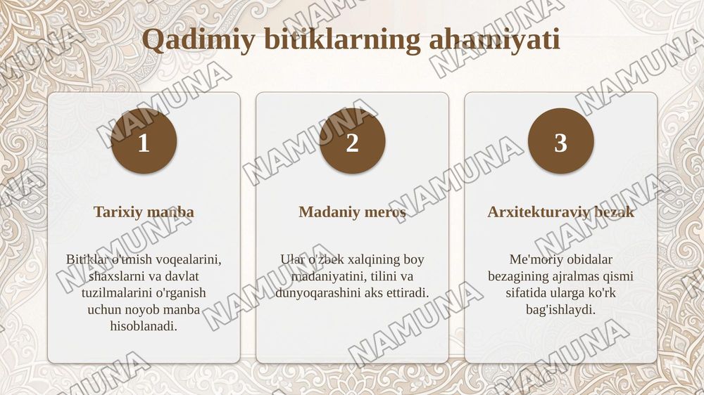 O‘zbekiston qadimiy me’moriy yodgorliklaridagi bitiklardan namuna bajarish usullari — taqdimot, 4-slayd