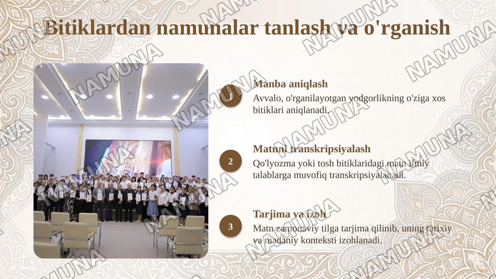 O‘zbekiston qadimiy me’moriy yodgorliklaridagi bitiklardan namuna bajarish usullari — taqdimot, 6-slayd