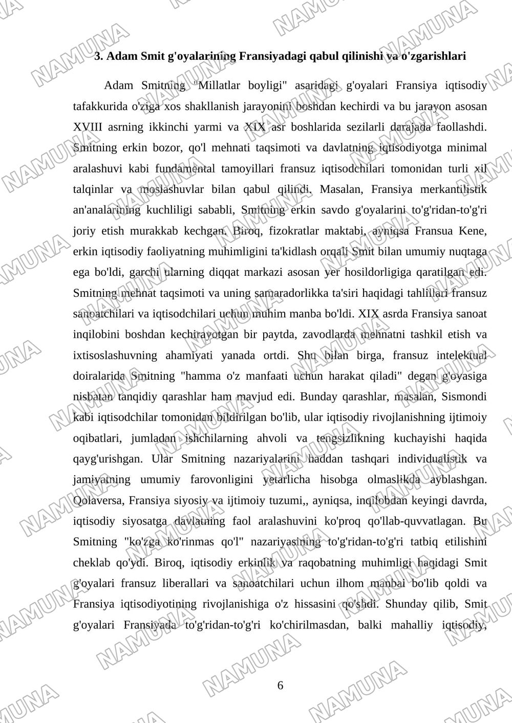 Fransiyada klassik iqtisodiy qarashlarning oʻziga xos xususiyatlari — mustaqil ish, 6-varaq