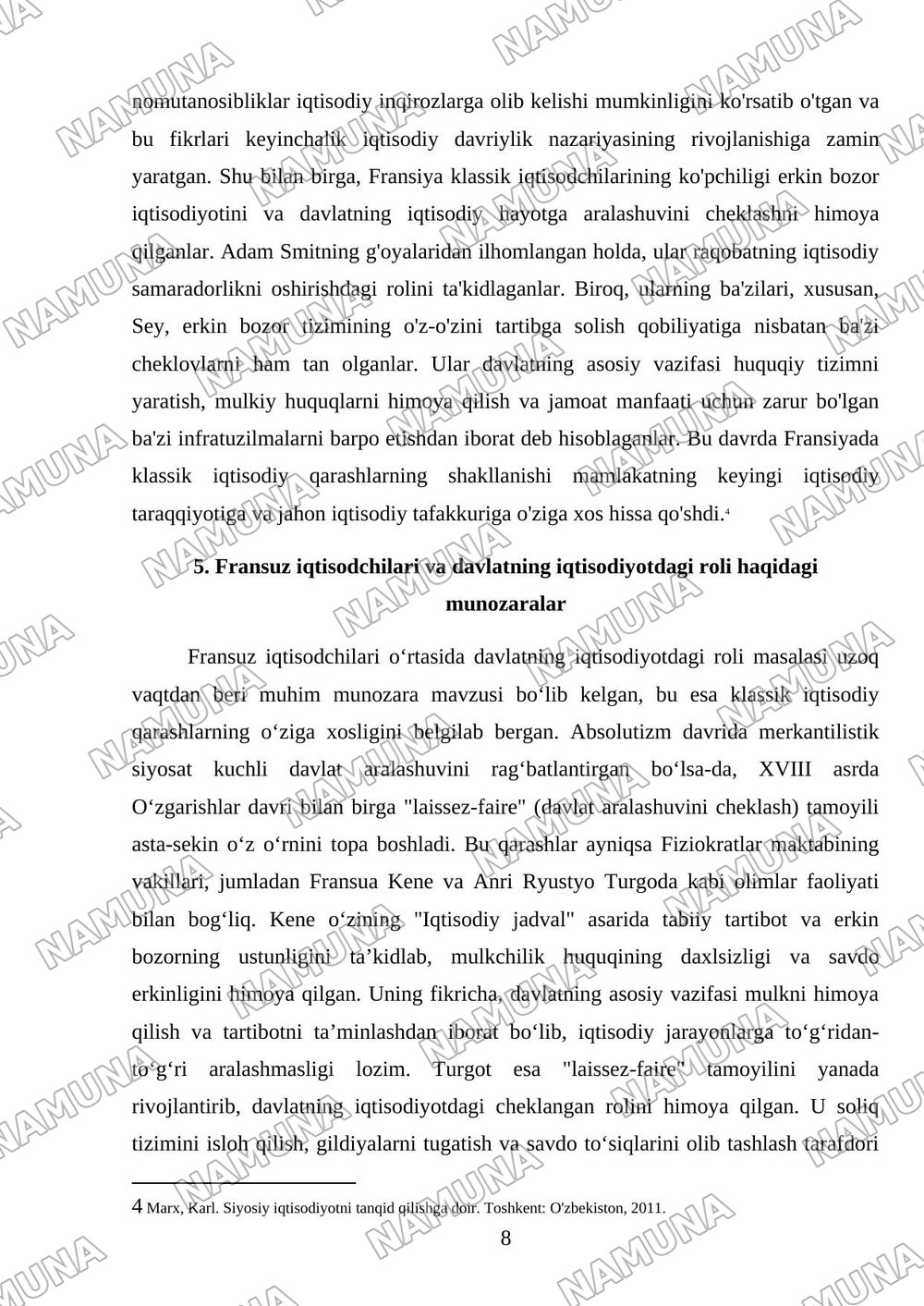 Fransiyada klassik iqtisodiy qarashlarning oʻziga xos xususiyatlari — mustaqil ish, 8-varaq