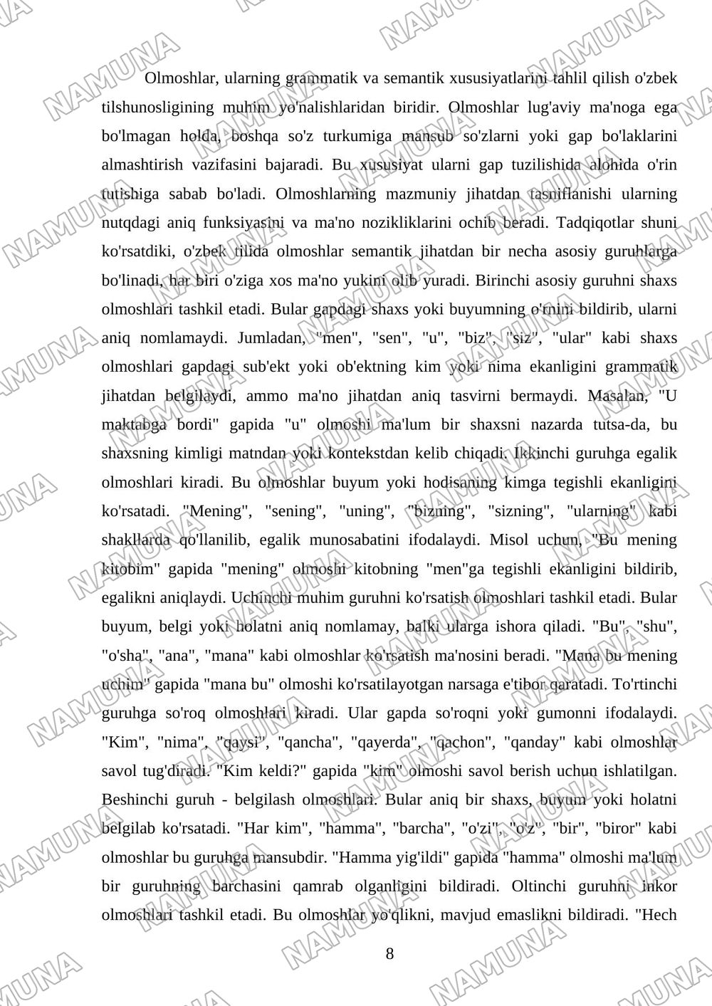 Olmosh sõz turkumi va uning ma'no guruhlari — mustaqil ish, 8-varaq