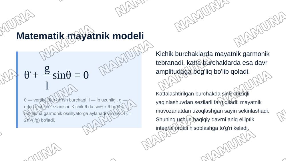Sodda  sistemalar.  Matematik  mayatnik.  Chegaraviy  sikl. Avtotebranishlar.  Sodda  sistemalar  tenglamalarini  aniq  integrallash.  Duffing tenglamasi. — zamonaviy taqdimot, 5-slayd