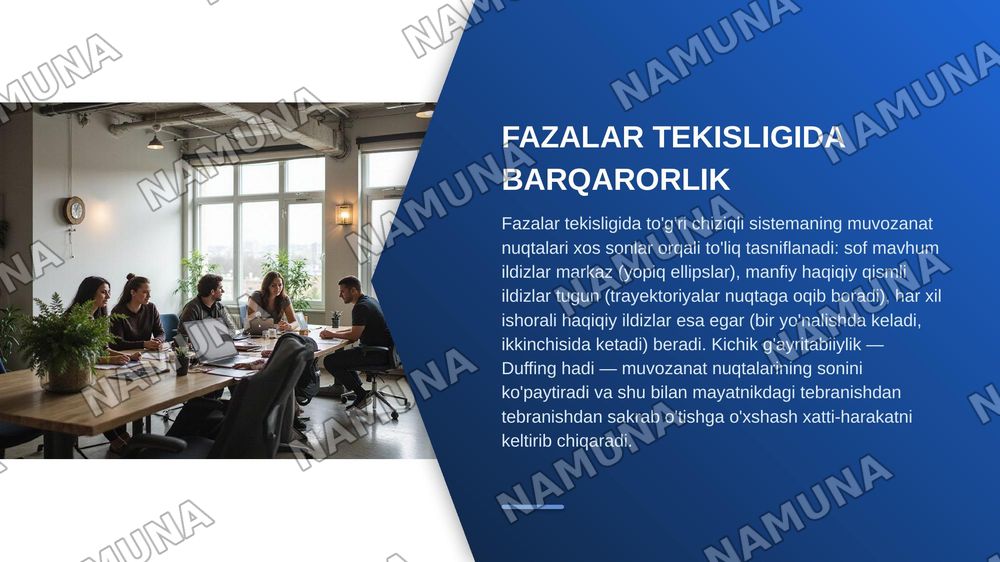 Sodda  sistemalar.  Matematik  mayatnik.  Chegaraviy  sikl. Avtotebranishlar.  Sodda  sistemalar  tenglamalarini  aniq  integrallash.  Duffing tenglamasi. — zamonaviy taqdimot, 7-slayd