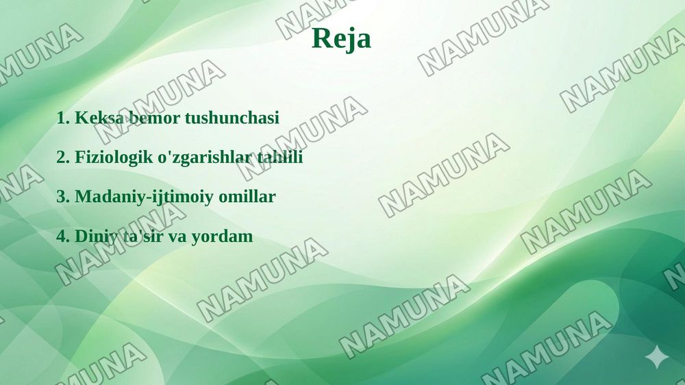 Keksa bemor. Keksa organizmning fiziologik xususiyatlari. Yordam ko‘rsatishga ta’sir qiluvchi madaniy, ijtimoiy va ma’naviy/diniy muammolardan xabardorligi — taqdimot, 2-slayd