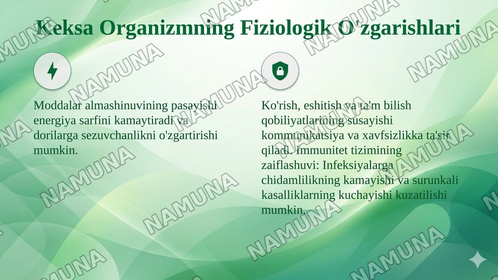 Keksa bemor. Keksa organizmning fiziologik xususiyatlari. Yordam ko‘rsatishga ta’sir qiluvchi madaniy, ijtimoiy va ma’naviy/diniy muammolardan xabardorligi — taqdimot, 4-slayd