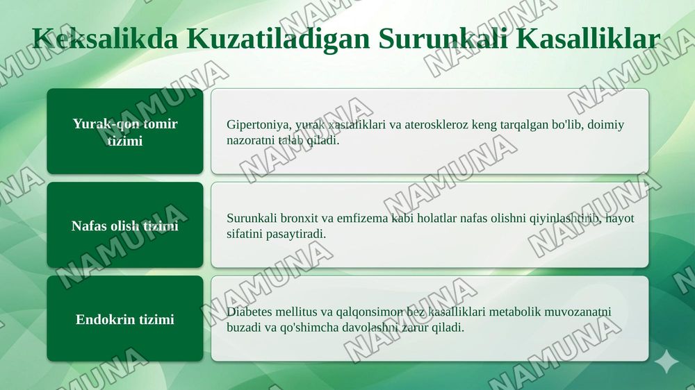 Keksa bemor. Keksa organizmning fiziologik xususiyatlari. Yordam ko‘rsatishga ta’sir qiluvchi madaniy, ijtimoiy va ma’naviy/diniy muammolardan xabardorligi — taqdimot, 5-slayd