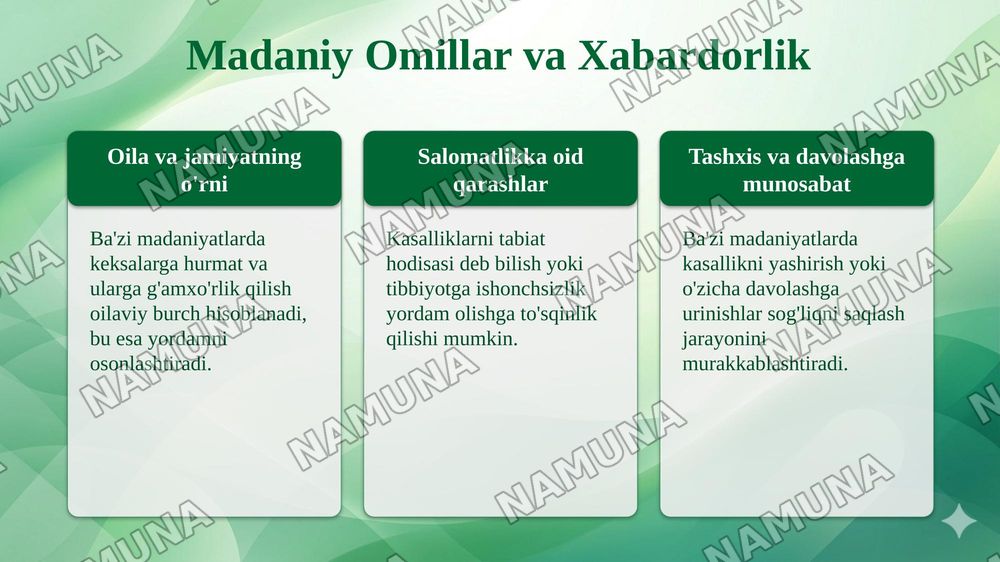 Keksa bemor. Keksa organizmning fiziologik xususiyatlari. Yordam ko‘rsatishga ta’sir qiluvchi madaniy, ijtimoiy va ma’naviy/diniy muammolardan xabardorligi — taqdimot, 7-slayd