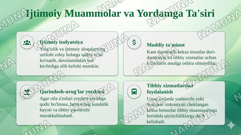 Keksa bemor. Keksa organizmning fiziologik xususiyatlari. Yordam ko‘rsatishga ta’sir qiluvchi madaniy, ijtimoiy va ma’naviy/diniy muammolardan xabardorligi — taqdimot, 8-slayd