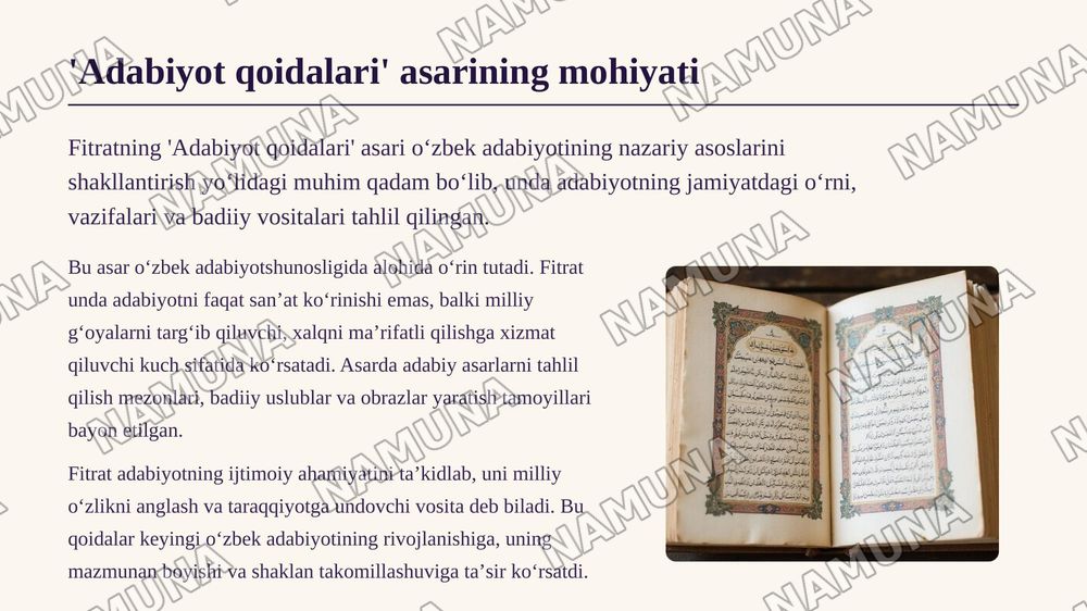 Fitratning adabiyot qoidalari asarini oʻqib kitob asosida taqdimot tayyorlash — zamonaviy taqdimot, 4-slayd