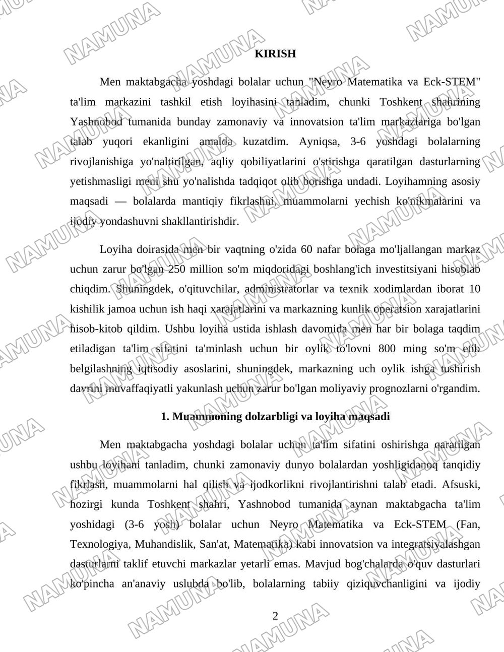 MAKTABGACHA YOSHDAGI BOLALAR 'NEYRO MATEMATIKA VA Eck-STEM — loyiha ishi, 2-varaq