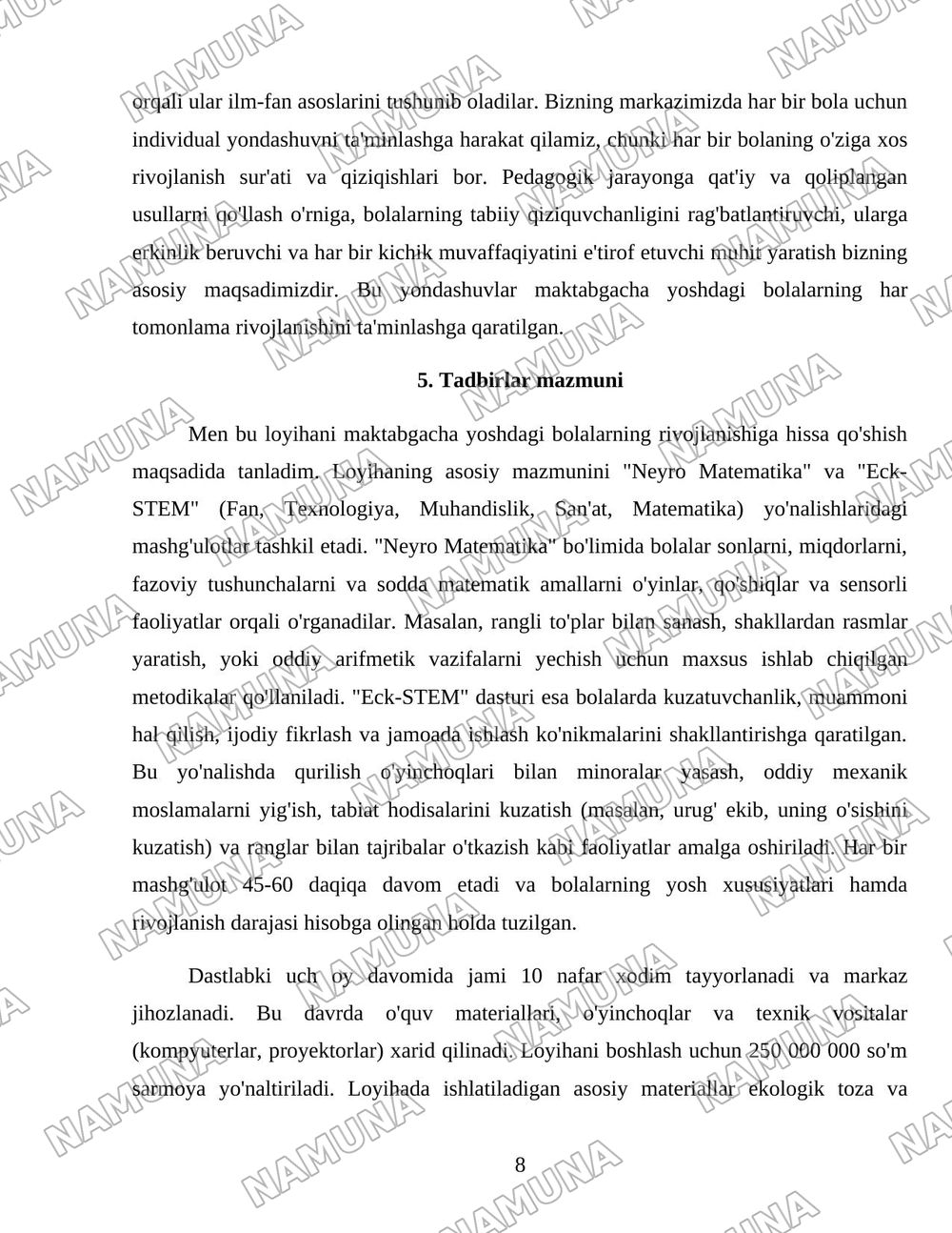 MAKTABGACHA YOSHDAGI BOLALAR 'NEYRO MATEMATIKA VA Eck-STEM — loyiha ishi, 8-varaq