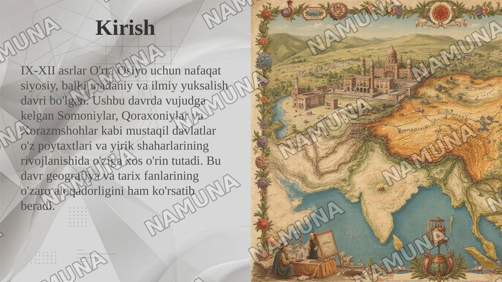 IX-XII asrlarda renessans davri geografiyasi. O‘rta Osiyoda vujudga kelgan mustaqil davlartlarni ( Somoniylar, Qoraxoniylar, Xorazmshohlar) poytaxt va yirik shaharlar evolyutsiasi — taqdimot, 3-slayd