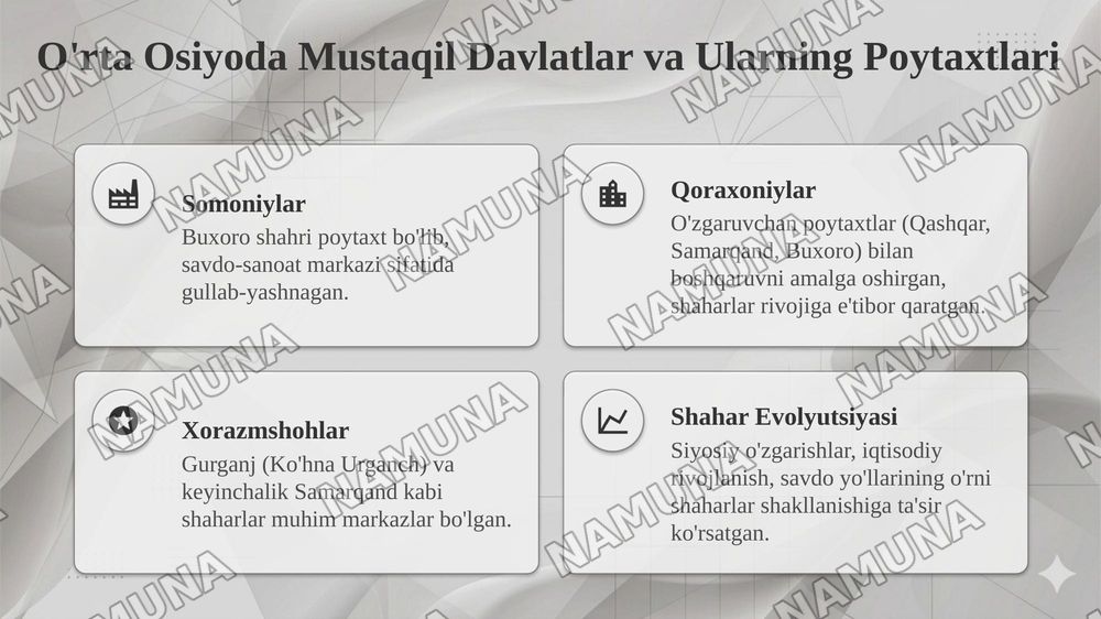 IX-XII asrlarda renessans davri geografiyasi. O‘rta Osiyoda vujudga kelgan mustaqil davlartlarni ( Somoniylar, Qoraxoniylar, Xorazmshohlar) poytaxt va yirik shaharlar evolyutsiasi — taqdimot, 5-slayd