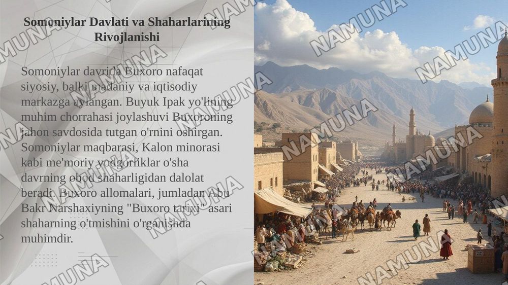 IX-XII asrlarda renessans davri geografiyasi. O‘rta Osiyoda vujudga kelgan mustaqil davlartlarni ( Somoniylar, Qoraxoniylar, Xorazmshohlar) poytaxt va yirik shaharlar evolyutsiasi — taqdimot, 6-slayd