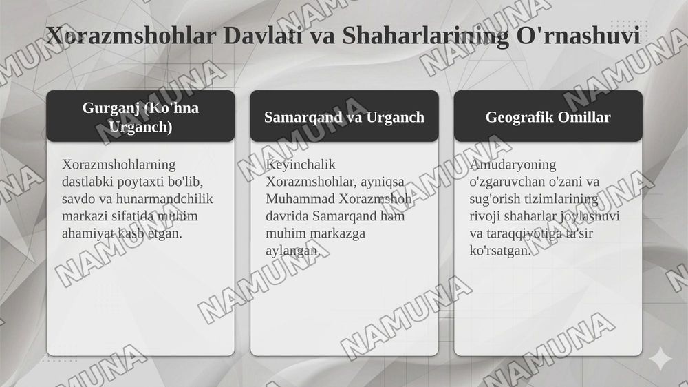 IX-XII asrlarda renessans davri geografiyasi. O‘rta Osiyoda vujudga kelgan mustaqil davlartlarni ( Somoniylar, Qoraxoniylar, Xorazmshohlar) poytaxt va yirik shaharlar evolyutsiasi — taqdimot, 8-slayd