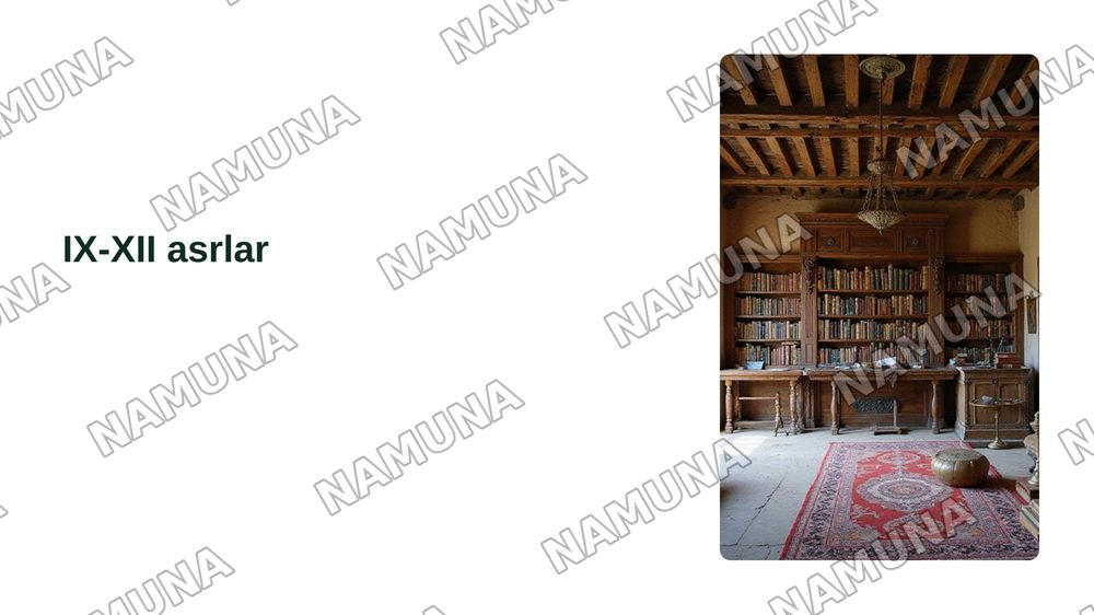 IX–XII asrlarda mamlakatimiz hududida yuz bergan madaniy uyg‘onish (Renessans). Buyuk allomalarning jahon sivilizatsiyasiga qo‘shgan hissasi.
👨‍🏫 O‘qituvchi: ______ — zamonaviy taqdimot, 3-slayd