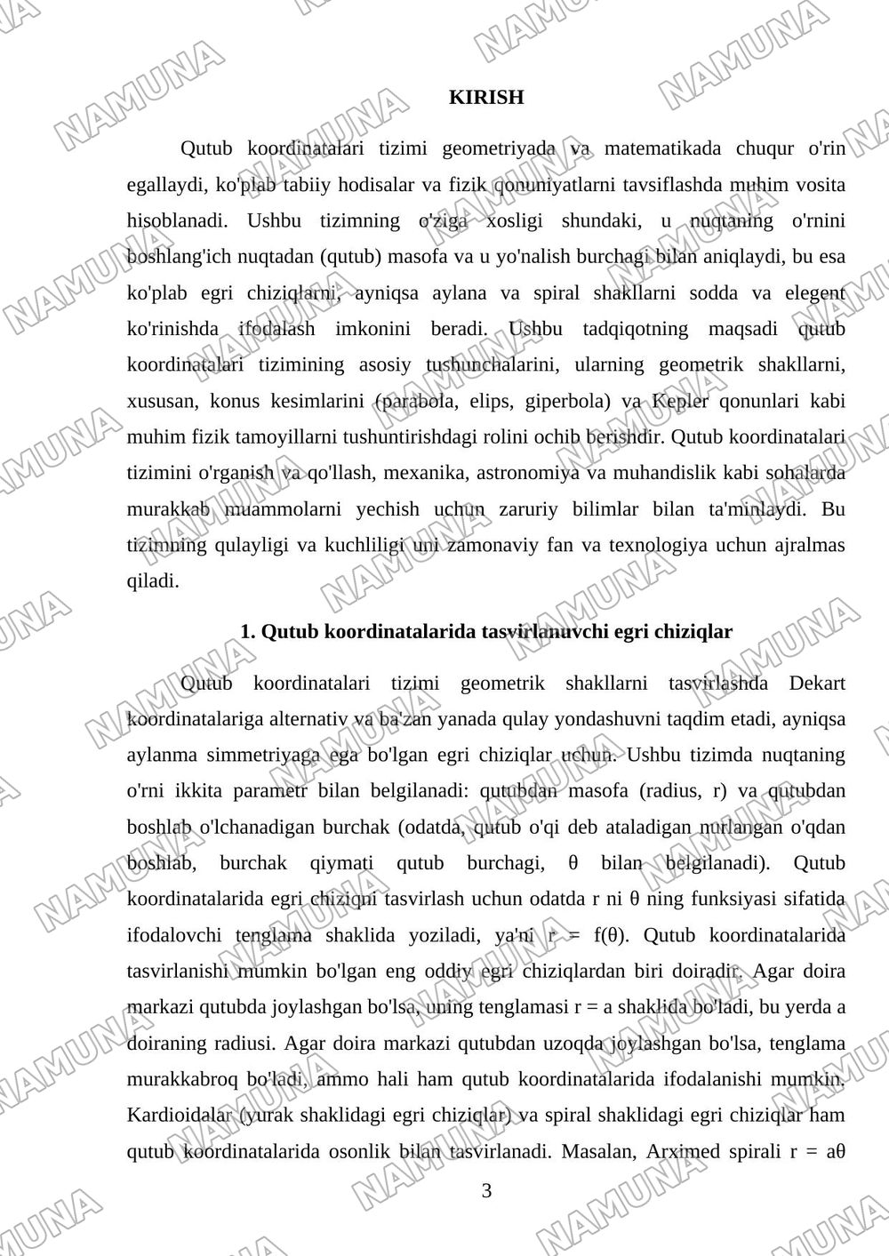 Qutub koordinatalari. Qutub egri chiziqlari. Qutub egri chiziqlarini chizish. Konus kesimlar (parabola, elips, giperbola). Kepler qonunlari. — mustaqil ish, 3-varaq
