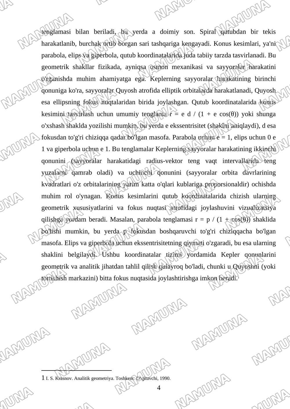 Qutub koordinatalari. Qutub egri chiziqlari. Qutub egri chiziqlarini chizish. Konus kesimlar (parabola, elips, giperbola). Kepler qonunlari. — mustaqil ish, 4-varaq