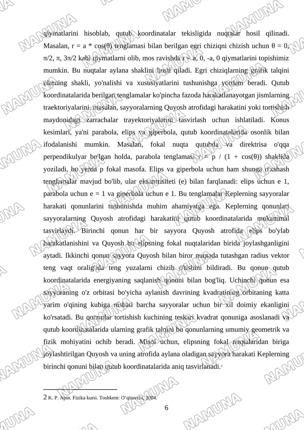 Qutub koordinatalari. Qutub egri chiziqlari. Qutub egri chiziqlarini chizish. Konus kesimlar (parabola, elips, giperbola). Kepler qonunlari. — mustaqil ish, 6-varaq