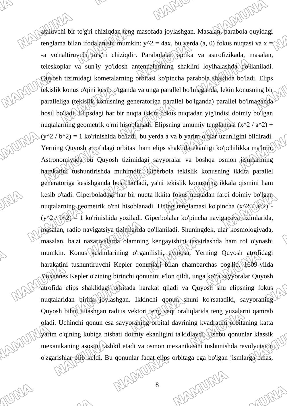 Qutub koordinatalari. Qutub egri chiziqlari. Qutub egri chiziqlarini chizish. Konus kesimlar (parabola, elips, giperbola). Kepler qonunlari. — mustaqil ish, 8-varaq