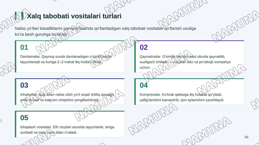 Nafas yo‘llari kasalliklarida bemorlarni xalq tabobati vositalari yordamida uy sharoitida parvarishlash (shifokor ko‘rsatmalari asosida)”. — zamonaviy taqdimot, 7-slayd