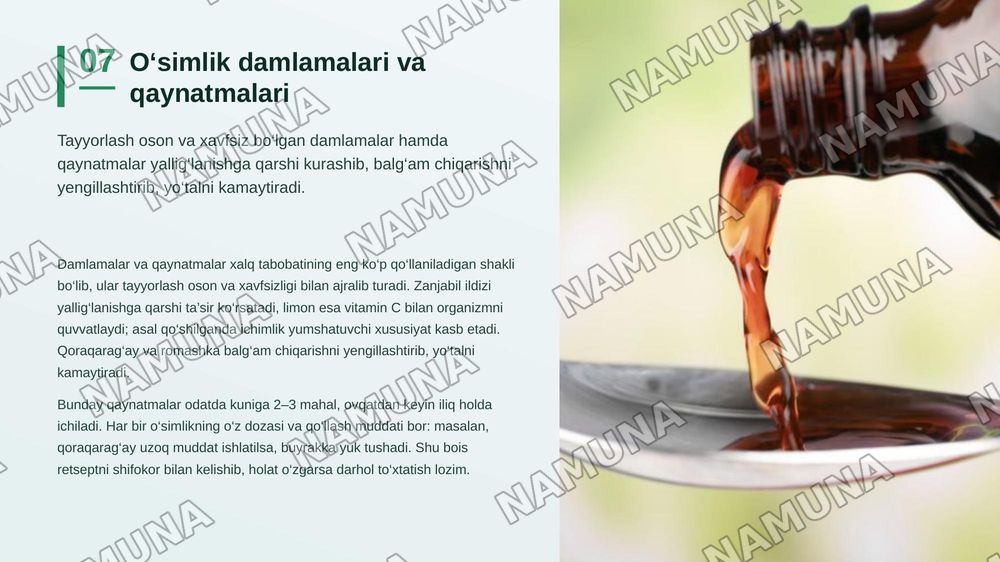 Nafas yo‘llari kasalliklarida bemorlarni xalq tabobati vositalari yordamida uy sharoitida parvarishlash (shifokor ko‘rsatmalari asosida)”. — zamonaviy taqdimot, 8-slayd