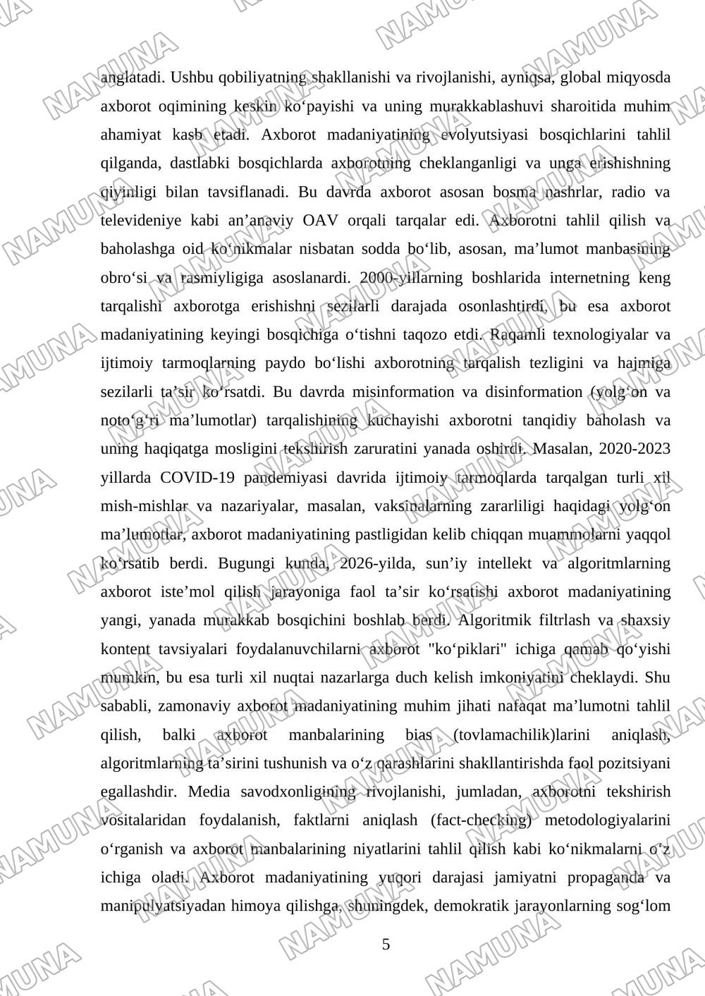 Media savodxonlik va axborot madaniyatining rivojlanish bosqichlari — mustaqil ish, 5-varaq