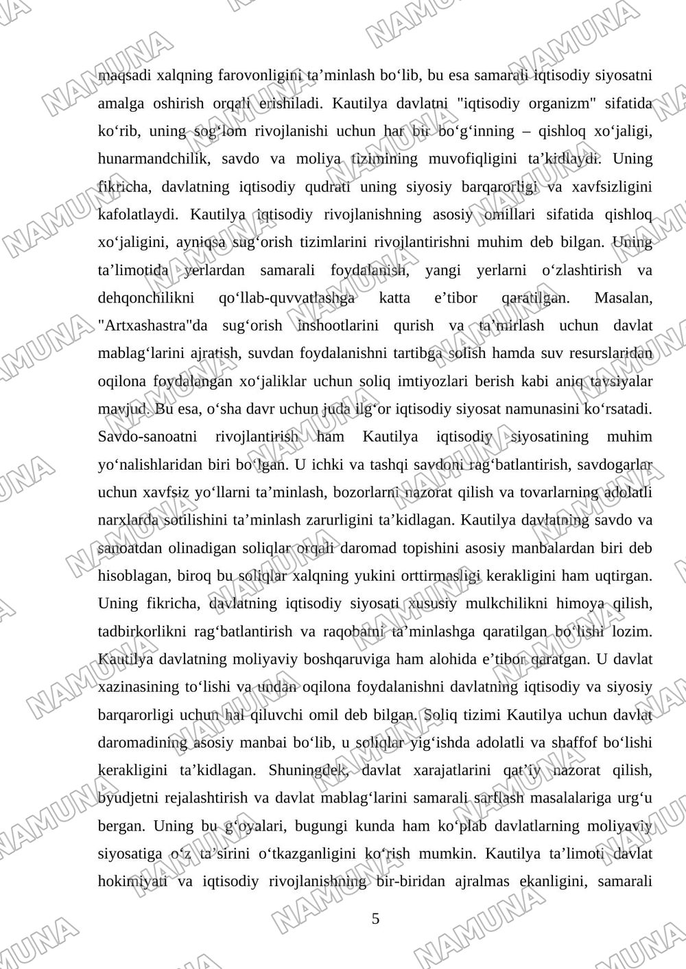 Qadimgi Hindistonning iqtisodiy g‘oyalari («Artxashastra» — Kautilya ta’limoti) — mustaqil ish, 5-varaq