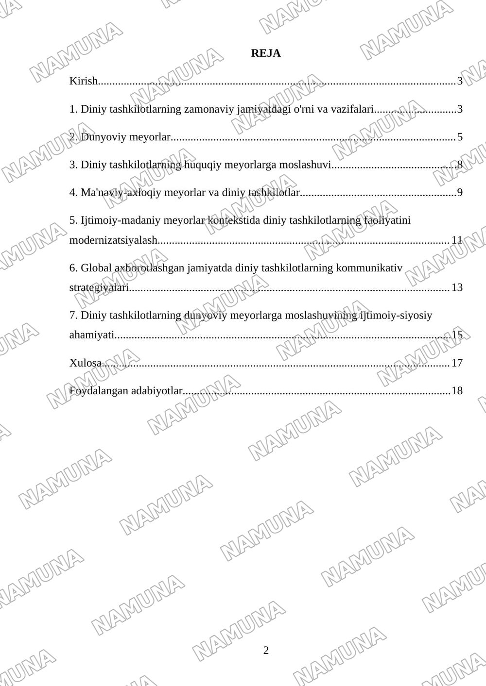 Diniy tashkilotning zamonaviy dunyoviy meyorlarga moslashunuvining ahamiyati — mustaqil ish, 2-varaq