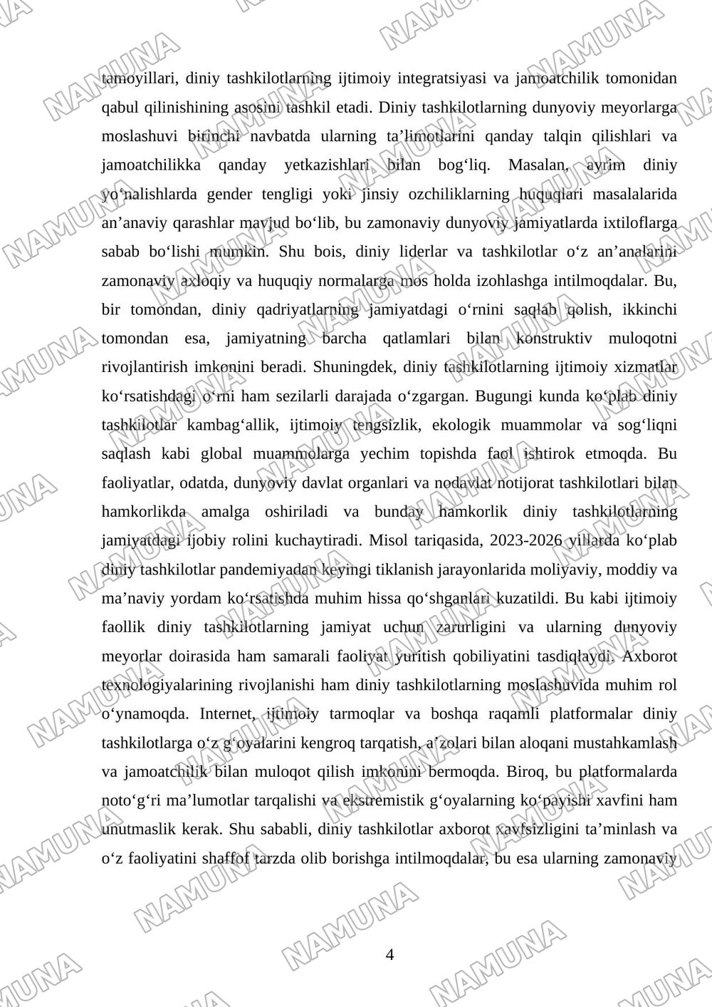 Diniy tashkilotning zamonaviy dunyoviy meyorlarga moslashunuvining ahamiyati — mustaqil ish, 4-varaq