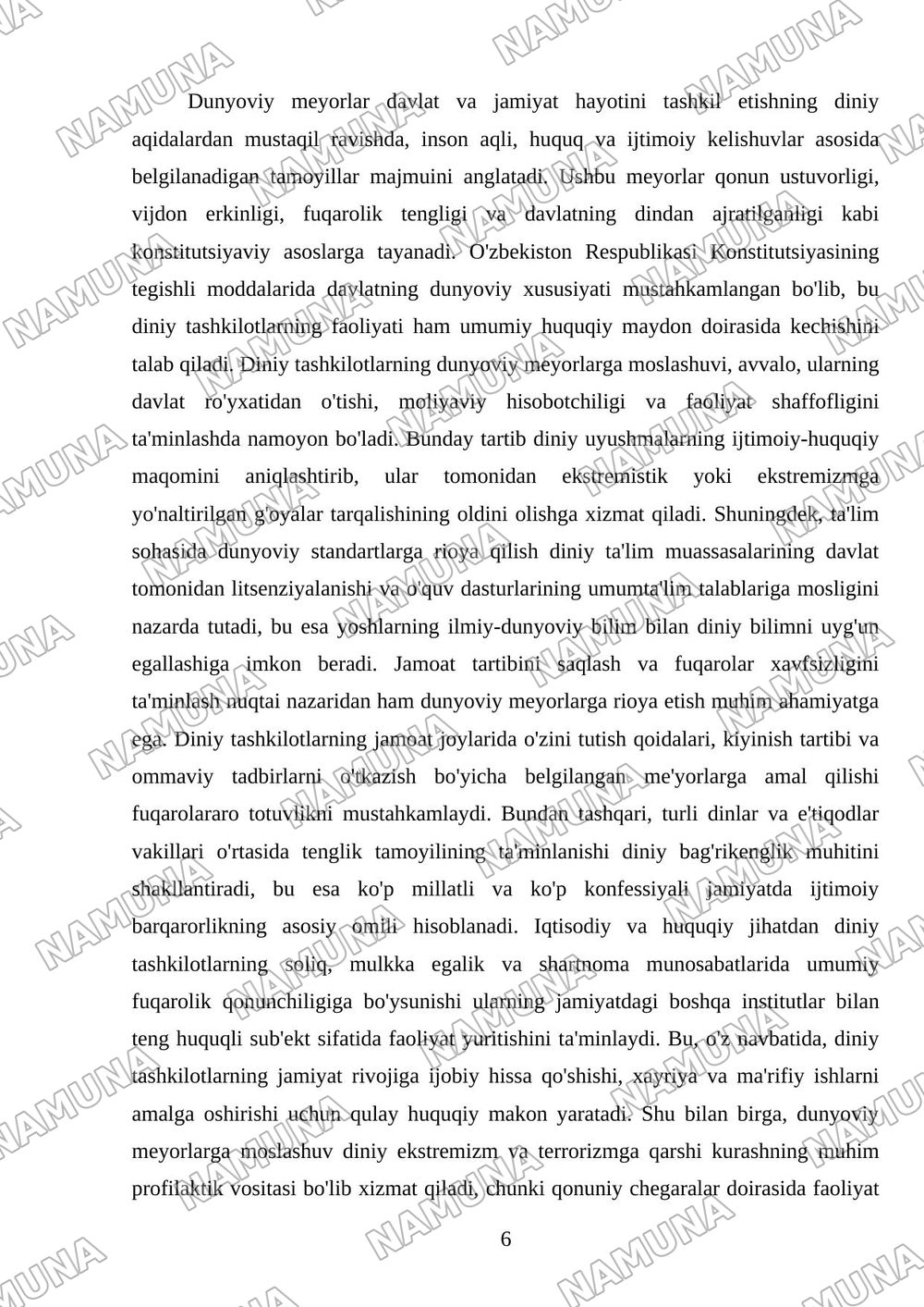 Diniy tashkilotning zamonaviy dunyoviy meyorlarga moslashunuvining ahamiyati — mustaqil ish, 6-varaq