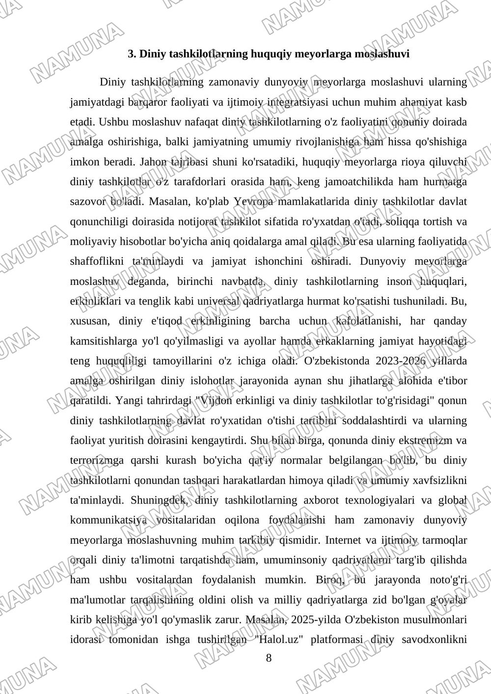 Diniy tashkilotning zamonaviy dunyoviy meyorlarga moslashunuvining ahamiyati — mustaqil ish, 8-varaq