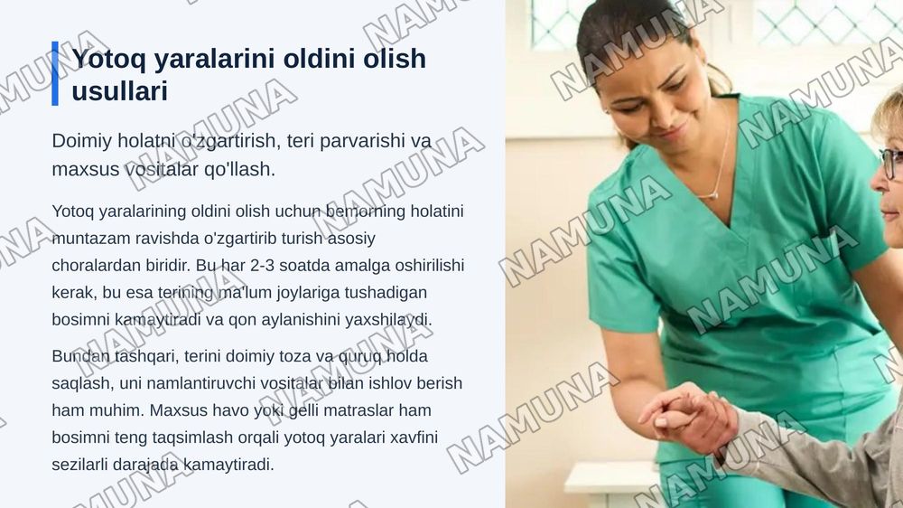 Bemorning tanasini parvarishlash  yotoq yaralar bemorlarni kiyintirish orin joyida almashtirish qoidalari.teri toshmalarida birinchi yordam Yotoq yarani rivojlanish sabablarini rivojlanishini davolash va oldini omish — zamonaviy taqdimot, 7-slayd