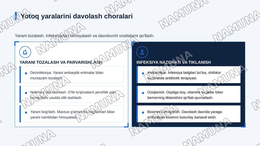 Bemorning tanasini parvarishlash  yotoq yaralar bemorlarni kiyintirish orin joyida almashtirish qoidalari.teri toshmalarida birinchi yordam Yotoq yarani rivojlanish sabablarini rivojlanishini davolash va oldini omish — zamonaviy taqdimot, 8-slayd