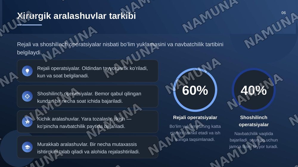 Xirurgiya boʻlimida bemorlarni davolashning oʻziga xos xususiyatlari. Xirurgiya boʻlimining boshqa boʻlimlardan farqi.. — zamonaviy taqdimot, 7-slayd