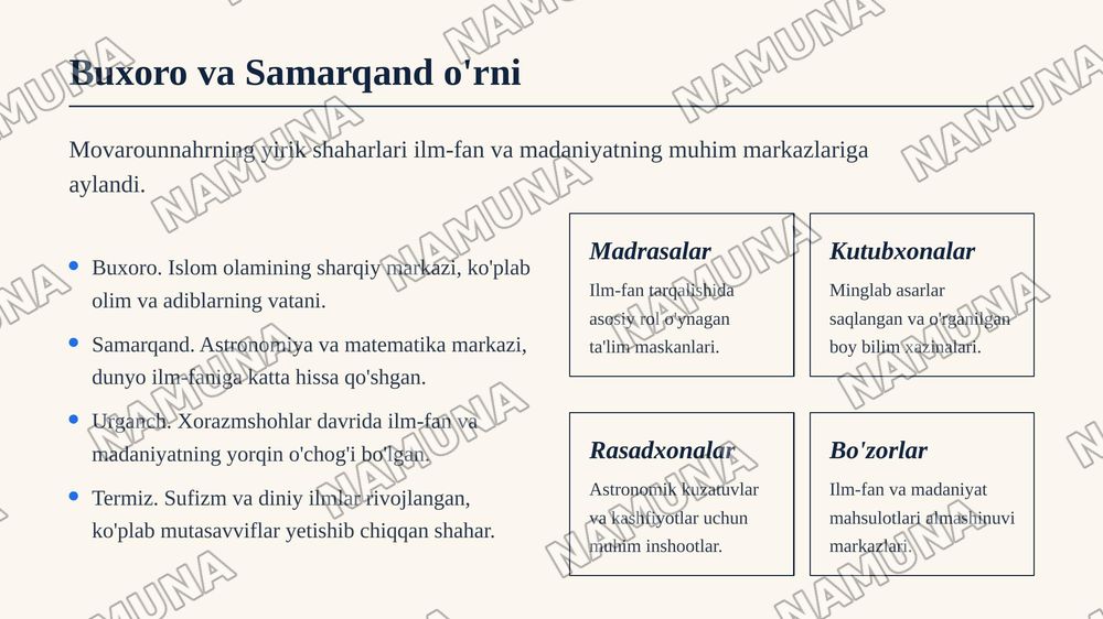 IX-XII asrlarda mamlakatimiz hududida roy bergan madaniy uyg'onish.Buyuk allomalarning jahon sivilizatsiyasiga qo'shgan hissasi — zamonaviy taqdimot, 6-slayd