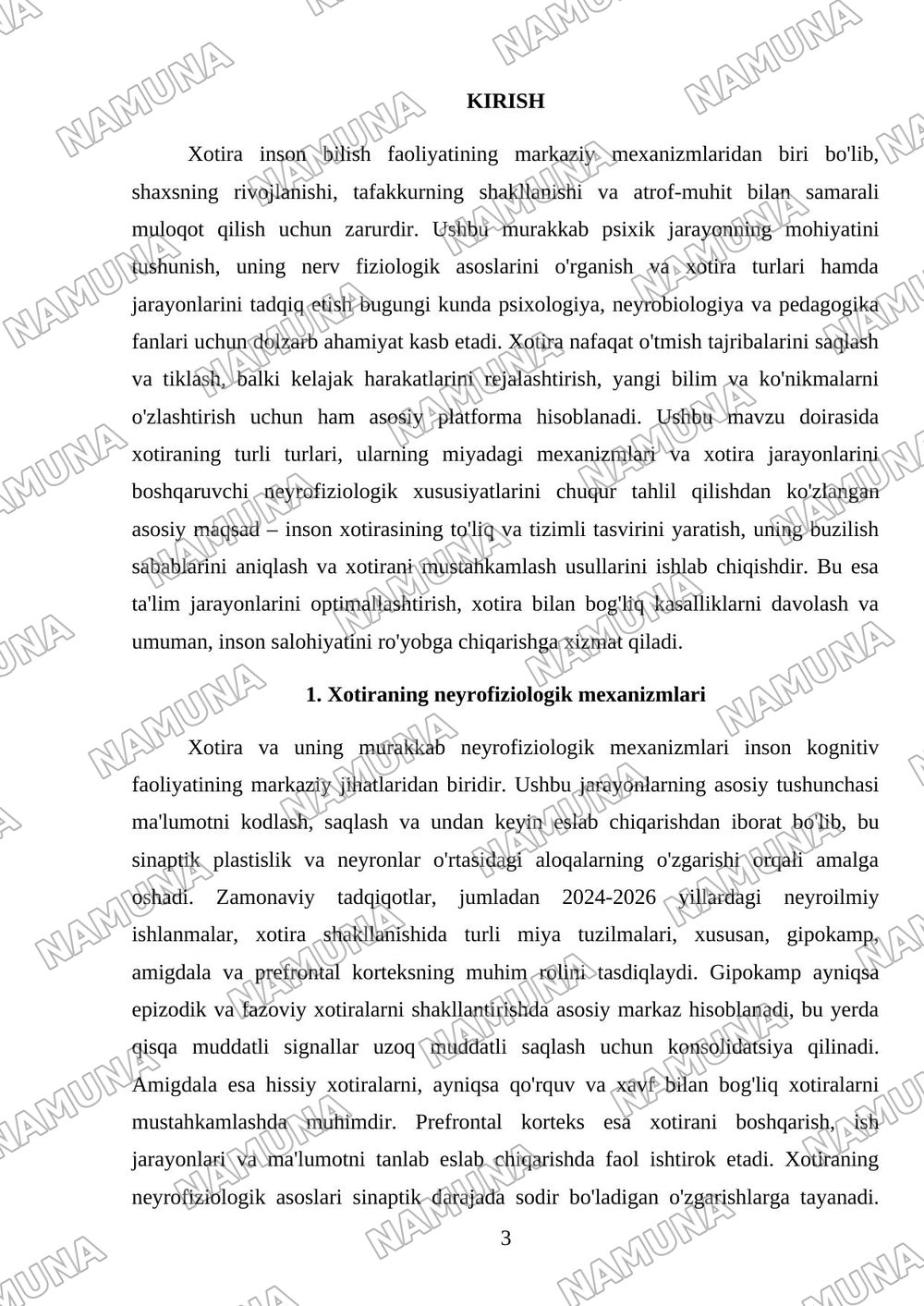 Xotira haqida tushuncha. Nerv fiziologik asoslari turlari va jarayonlari — mustaqil ish, 3-varaq