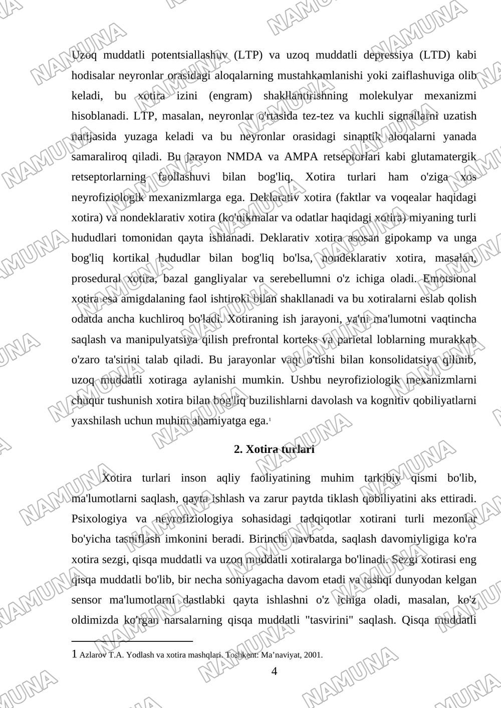 Xotira haqida tushuncha. Nerv fiziologik asoslari turlari va jarayonlari — mustaqil ish, 4-varaq
