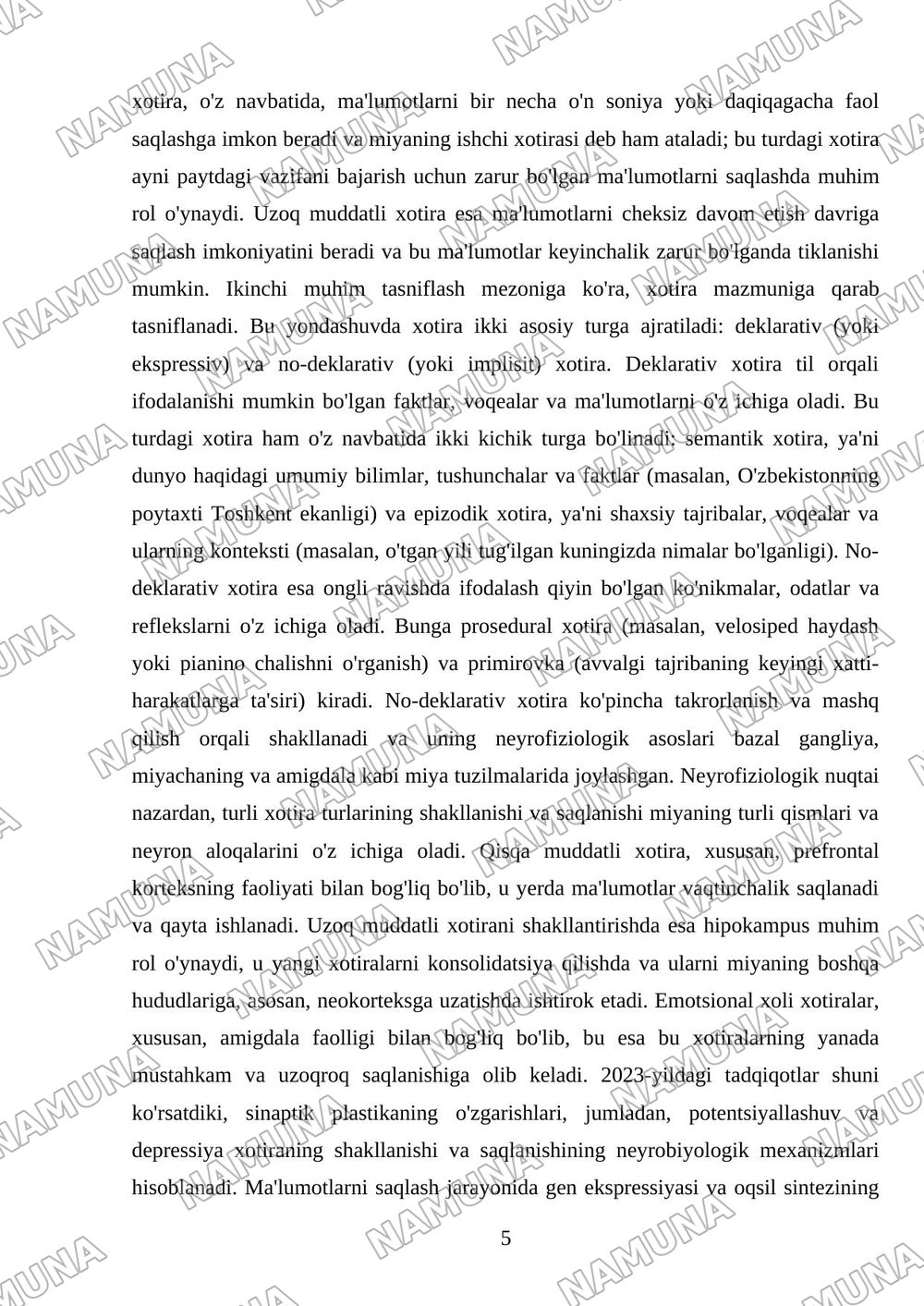 Xotira haqida tushuncha. Nerv fiziologik asoslari turlari va jarayonlari — mustaqil ish, 5-varaq