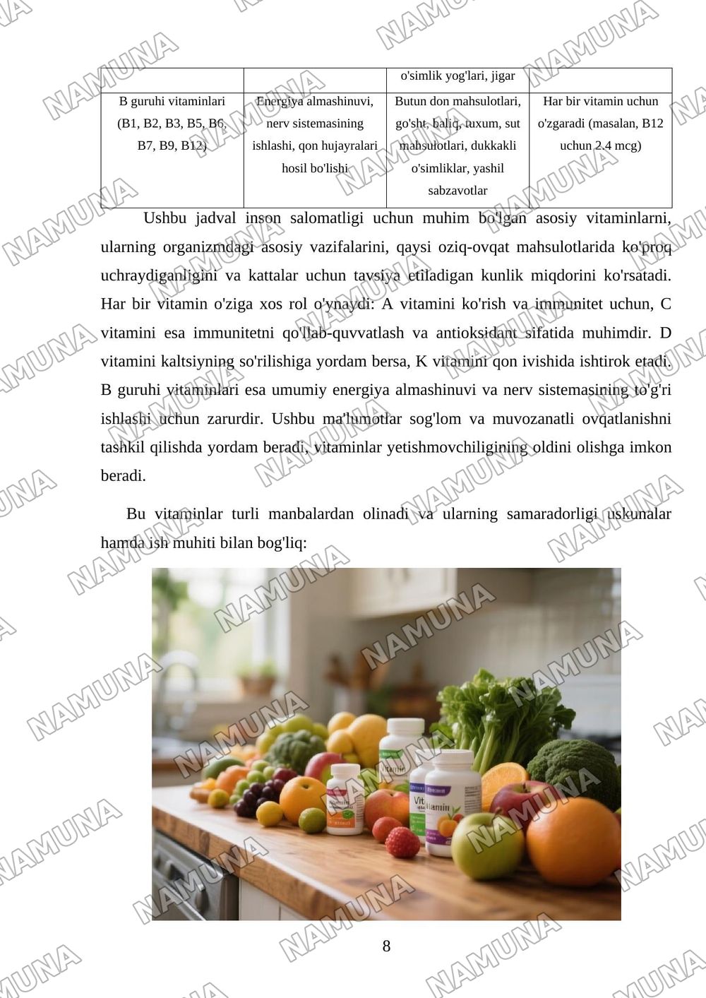Vitaminlar. Vitaminlarni ishlatish — mustaqil ish, 8-varaq