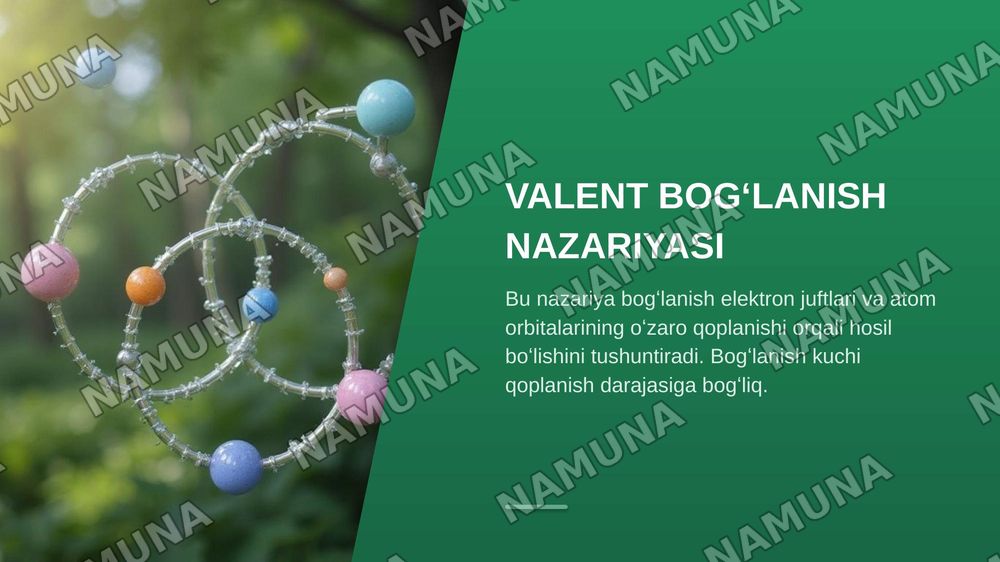 Kimyoviy bogʻlanish birikmalarda tabiati. Valent bogʻlar, kristall maydon va ligand maydoni nazariyalari. — zamonaviy taqdimot, 5-slayd