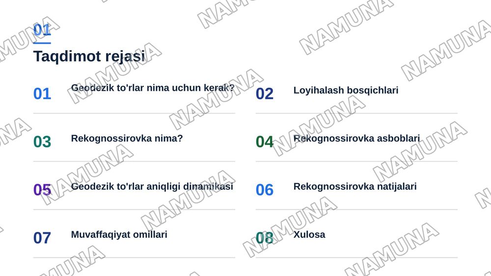 Mavzu Geodezik to'rlarini loyihalash. Geodezik punktlarni rekognossirovka qilish.
shu mavzuda slayt qilib ber 3 ta rejali bolsin rasmlar jadvallar va diagramma lar korinishida bolsin 15 list oxirgi listda foydalanilgan adabitotlar — zamonaviy taqdimot, 2-slayd