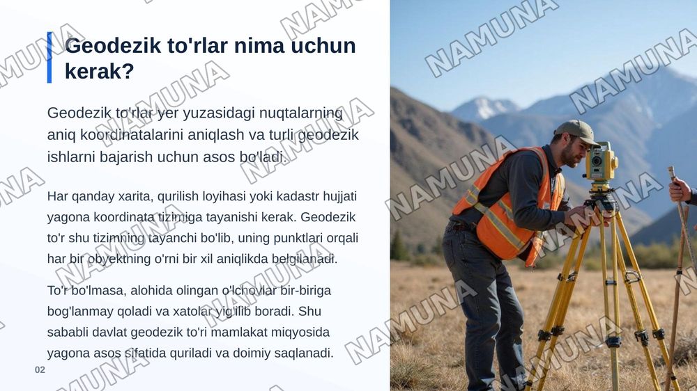 Mavzu Geodezik to'rlarini loyihalash. Geodezik punktlarni rekognossirovka qilish.
shu mavzuda slayt qilib ber 3 ta rejali bolsin rasmlar jadvallar va diagramma lar korinishida bolsin 15 list oxirgi listda foydalanilgan adabitotlar — zamonaviy taqdimot, 3-slayd